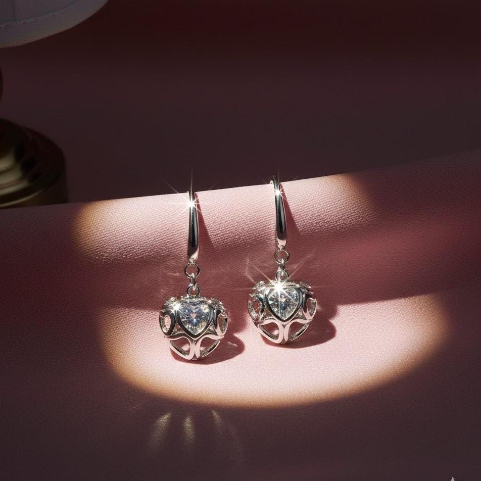 Sterling Silver Hollow Love Heart Dangle Drop Hook Earrings