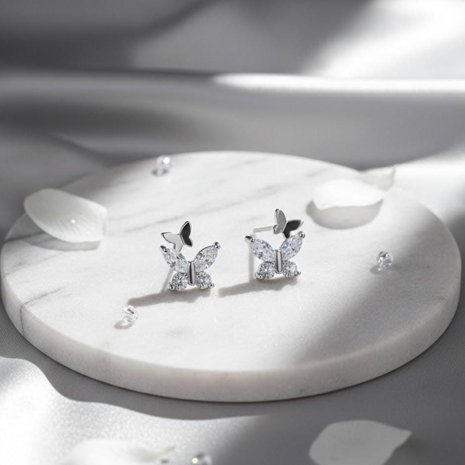 Sterling Silver Crystal Butterfly Stud Earrings