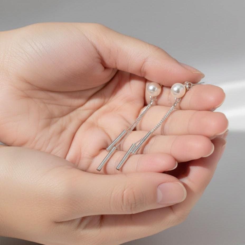 Long Chain Pearl Dangle Tassel Drop Earrings In Sterling Silver