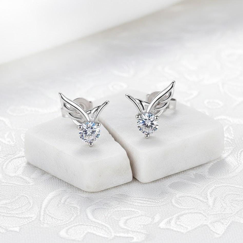 Sterling Silver Crystal Angel Wing Stud Earrings