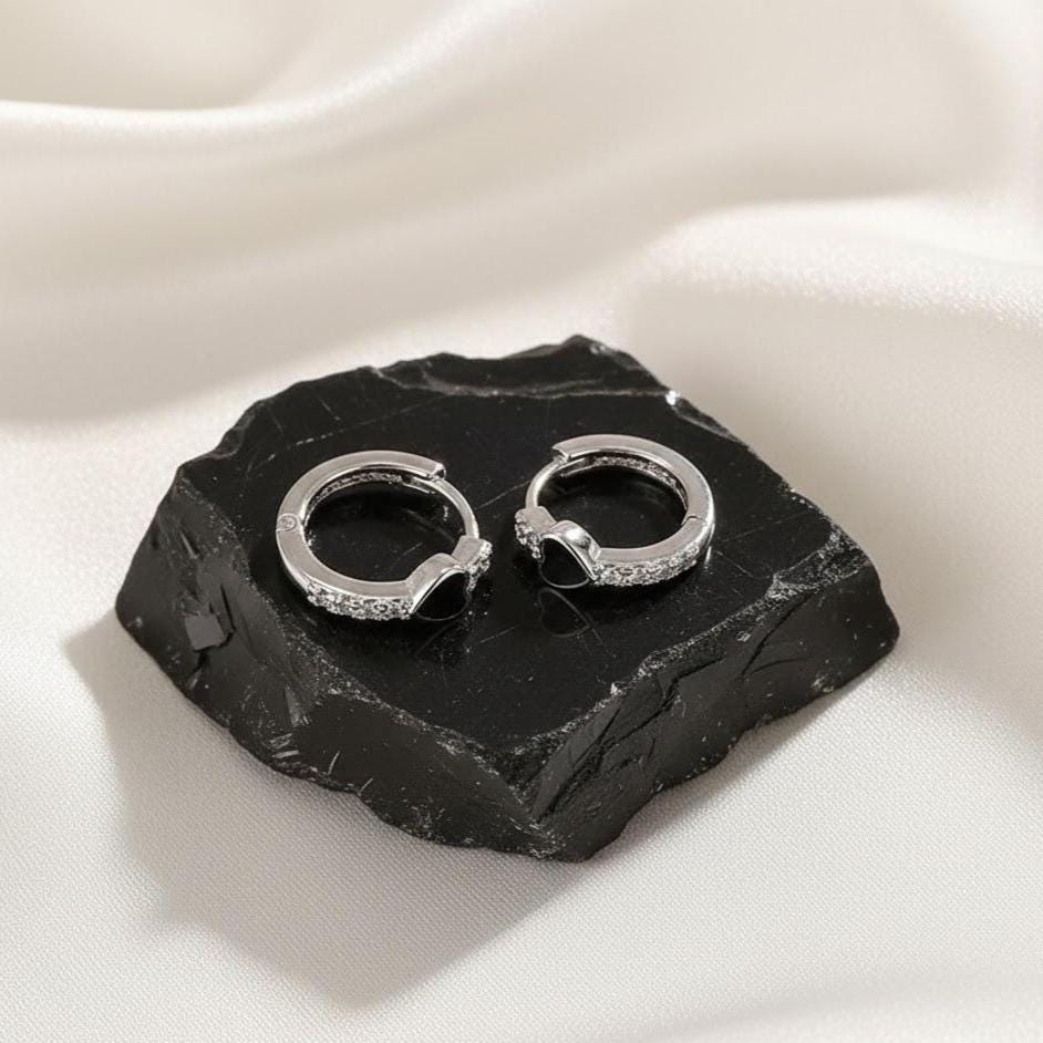 Sterling Silver Heart CZ Gem Circle Hoop Huggie Earrings