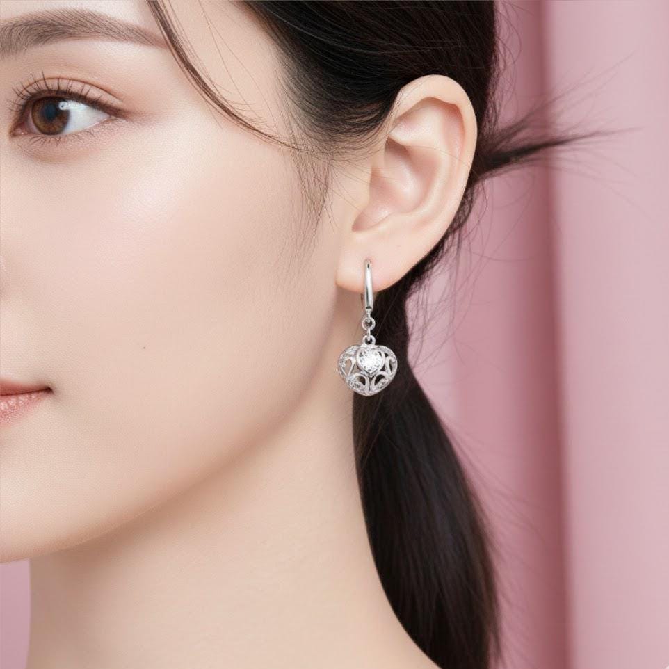 Sterling Silver Hollow Love Heart Dangle Drop Hook Earrings