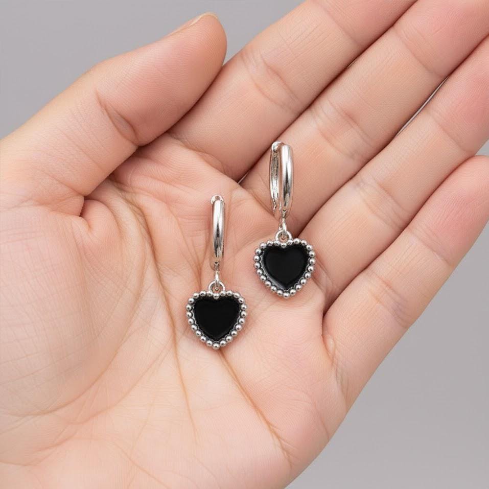 Sterling Silver Black Heart Hoop Earrings