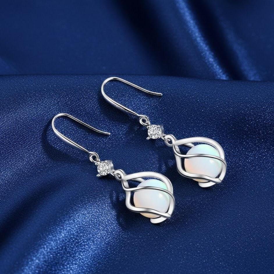 Sterling Silver Twist Opal Dangle Drop Earrings