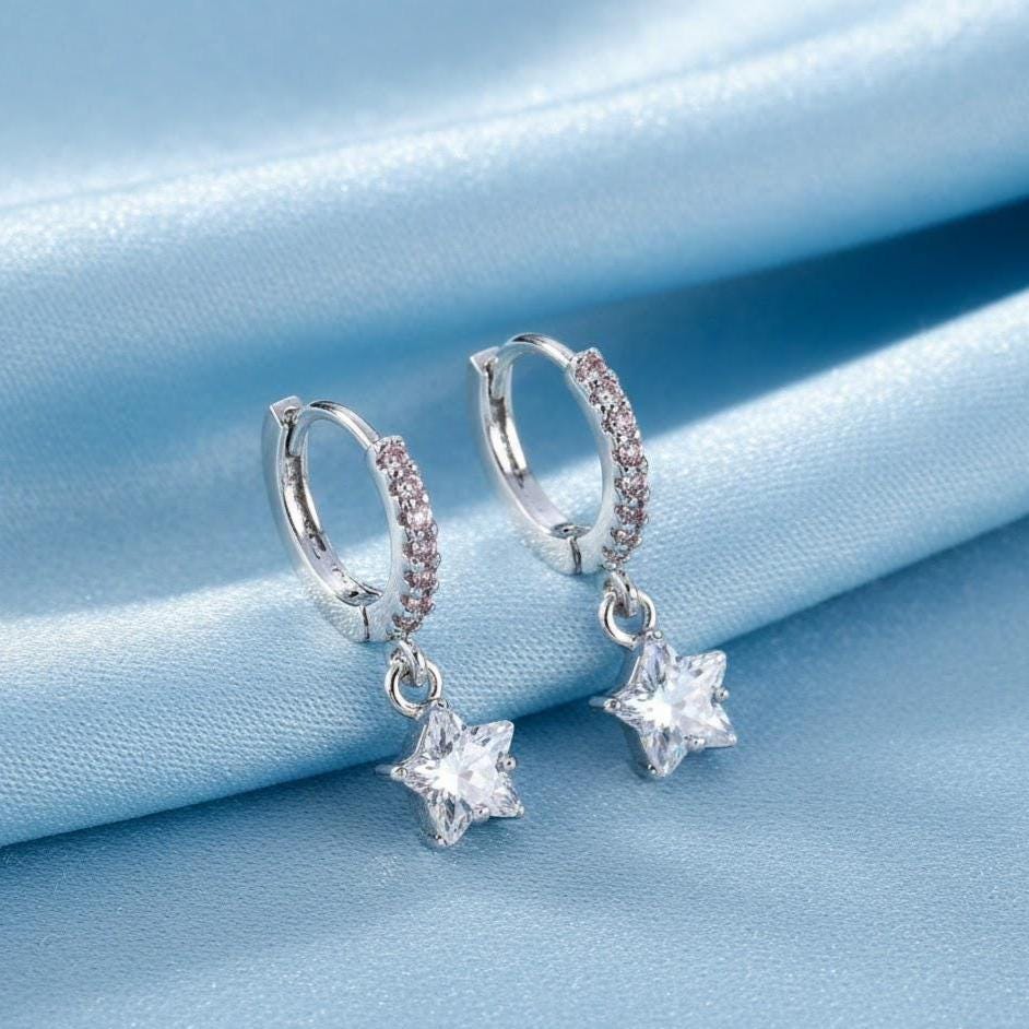 Sterling Silver Crystal Star Hoop Dangle Earrings