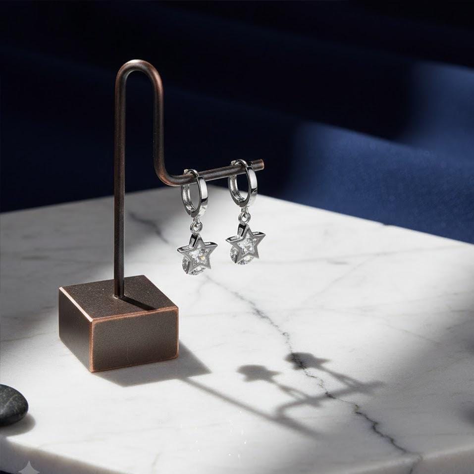 Sterling Silver Star CZ Crystal Drop Hoop Huggie Earrings