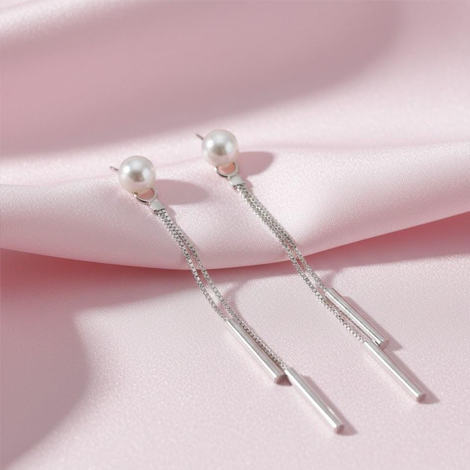 Long Chain Pearl Dangle Tassel Drop Earrings In Sterling Silver