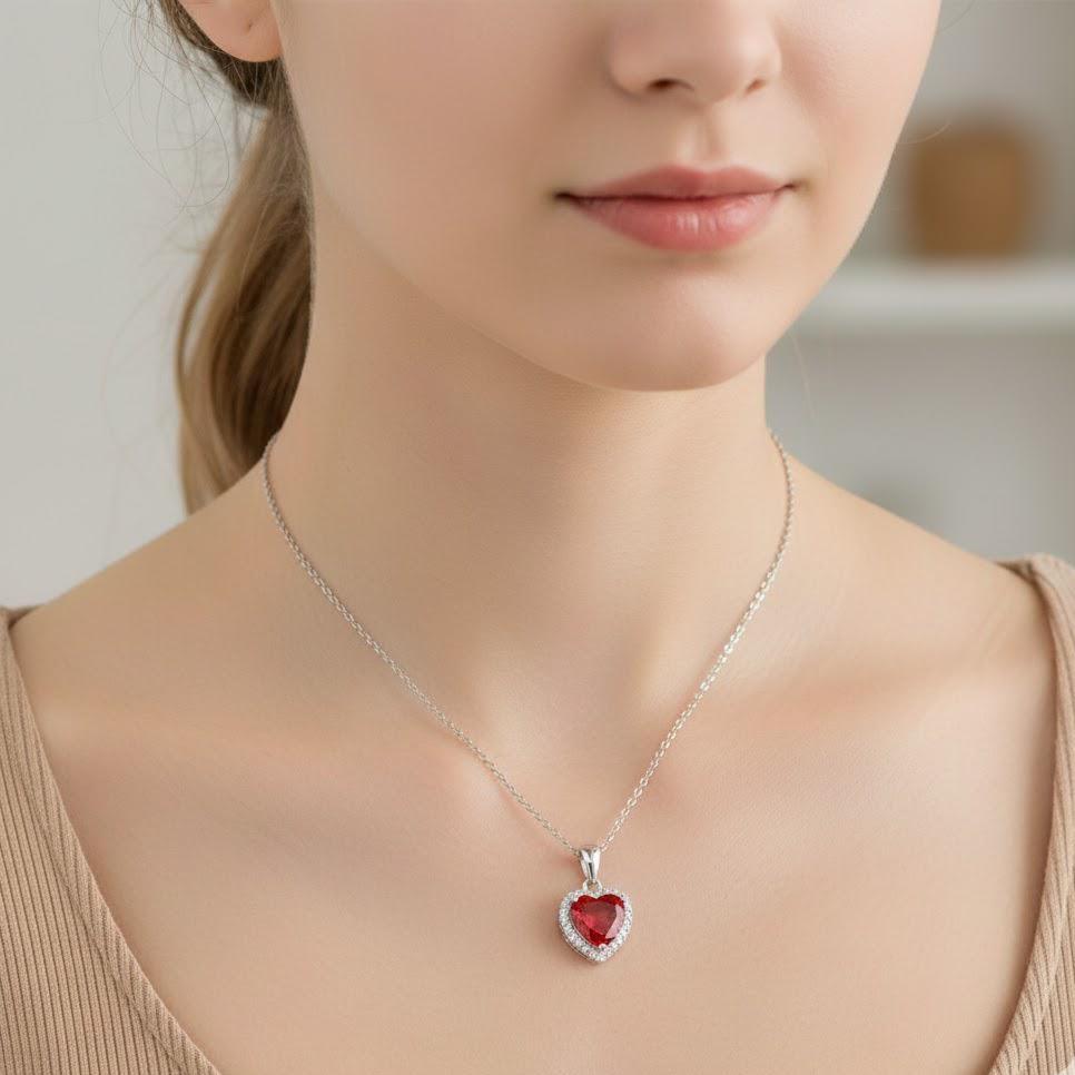 Sterling Silver Red Heart Stone Pendant Necklace