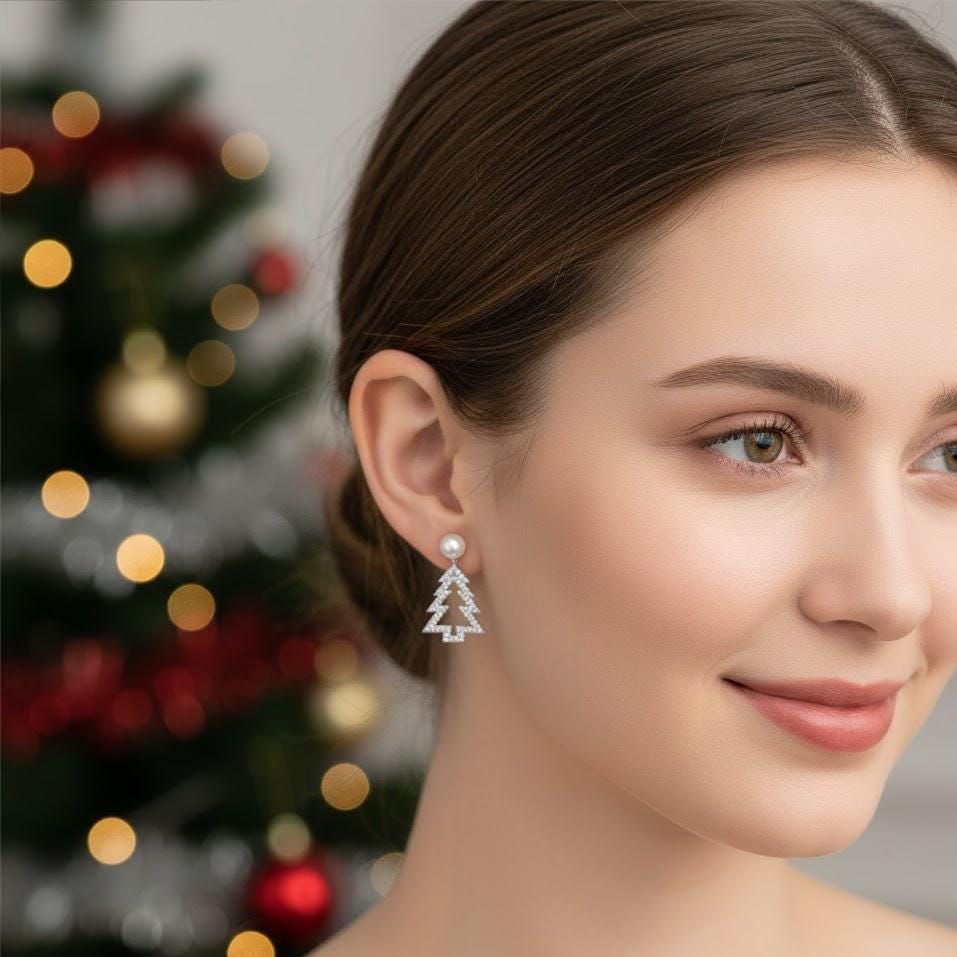 Pair of Sterling Silver Christmas Tree Dangle Pearl Stud Earrings