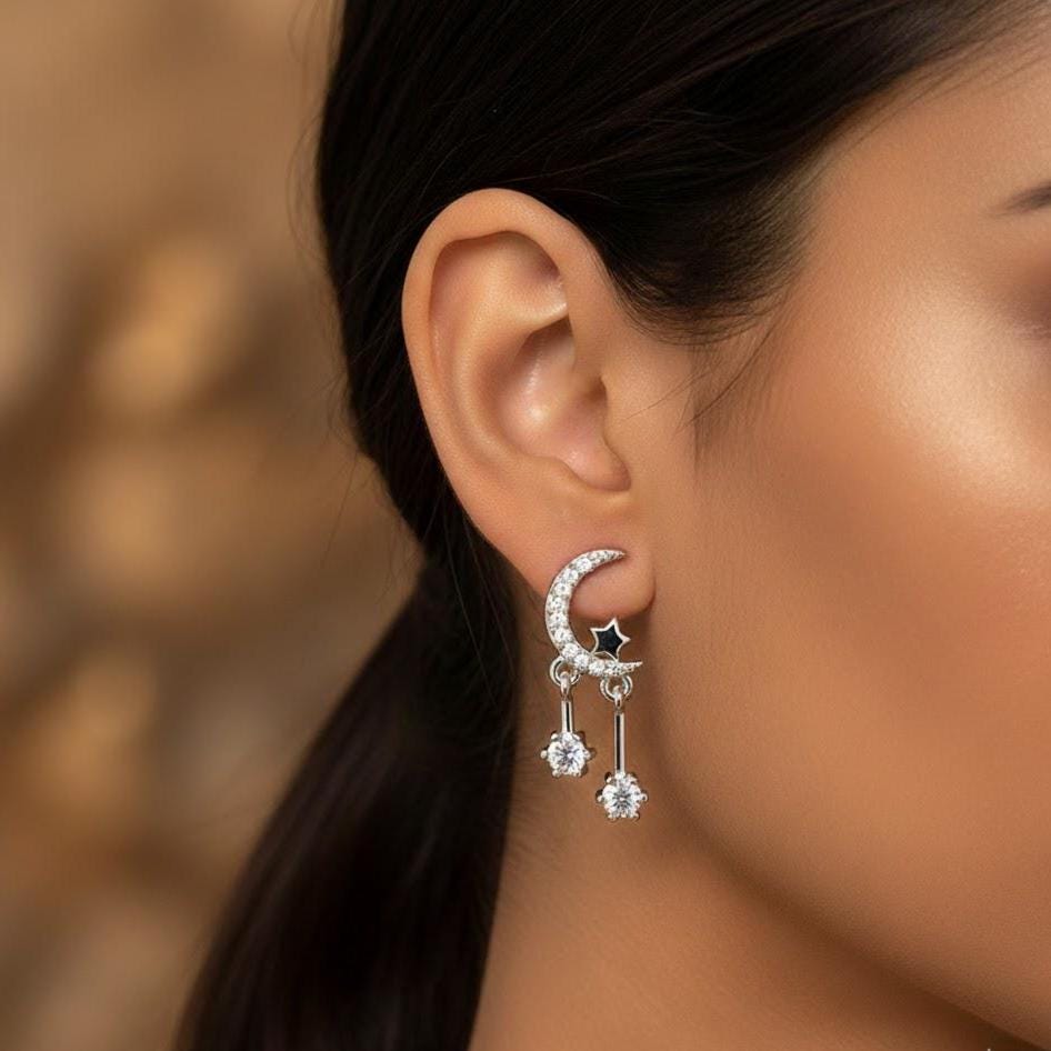 Sterling Silver Star & Crescent Moon Stud Earrings