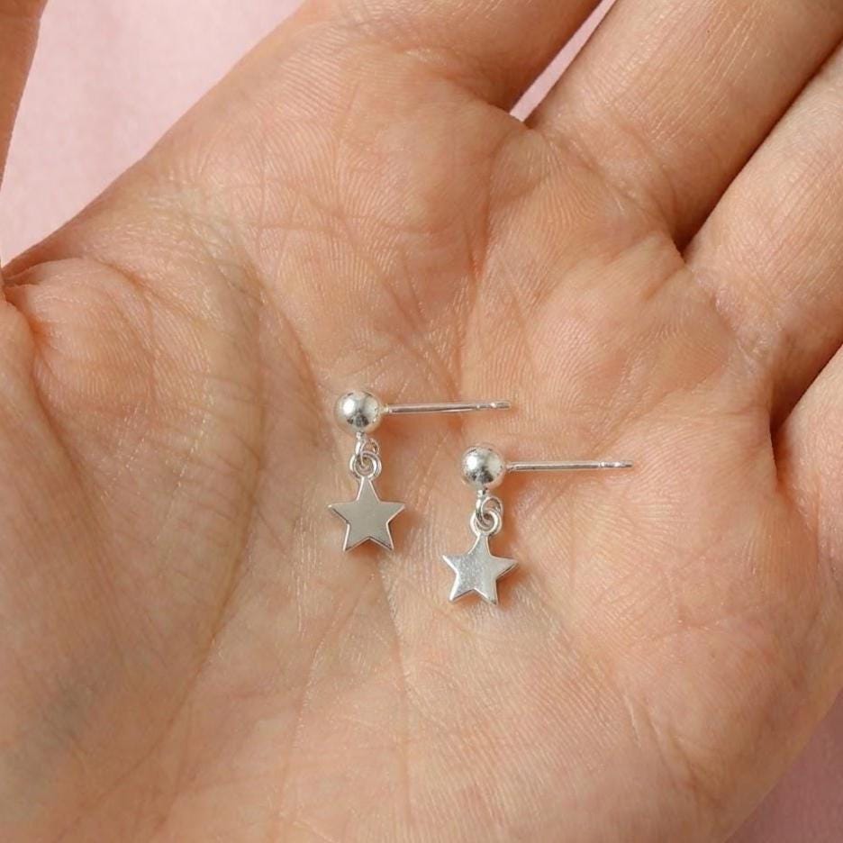 Sterling Silver Bead Star Charm Stud Earrings