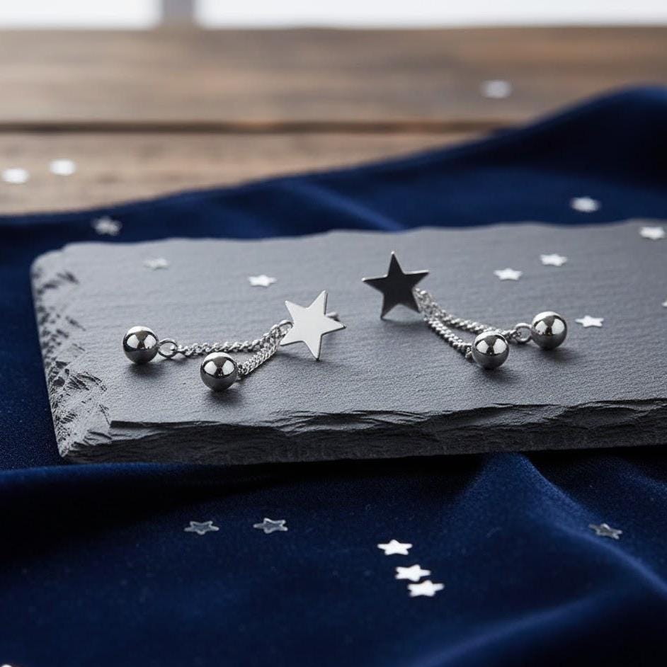 Sterling Silver Star Bead Dangle Drop Stud Earrings