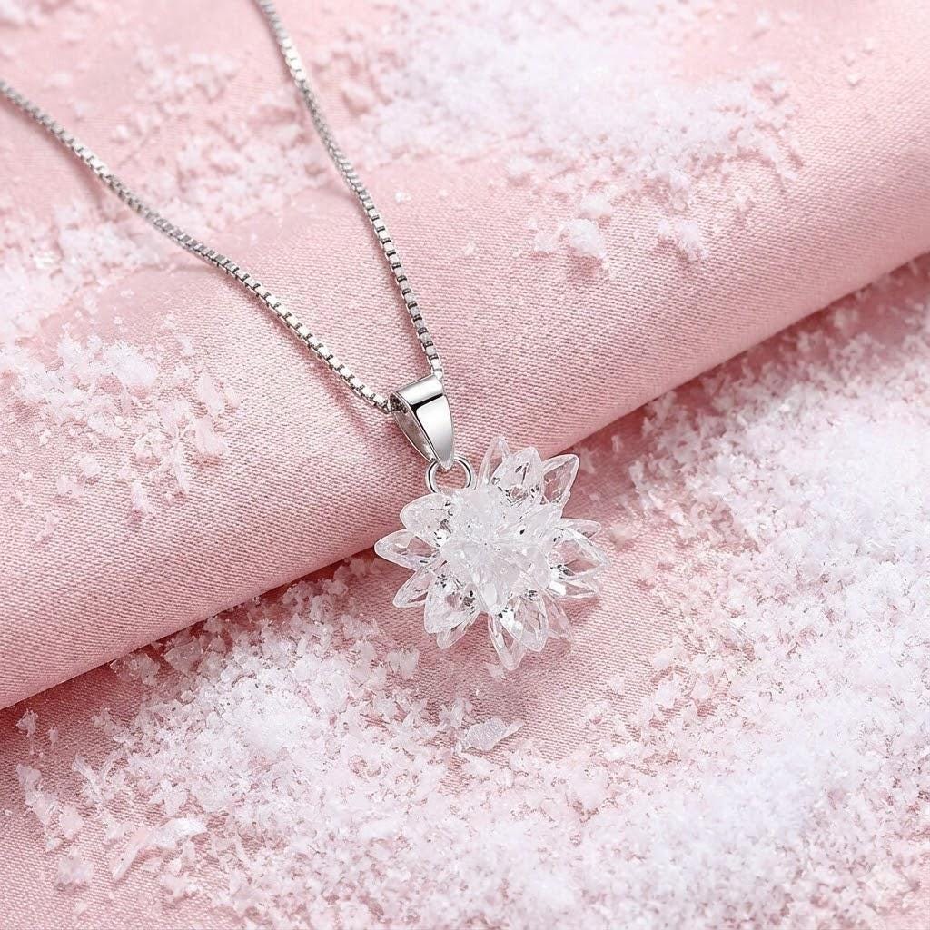 Sterling Silver Ice Snowflake Pendant Necklace Winter Jewelry Gift for Her