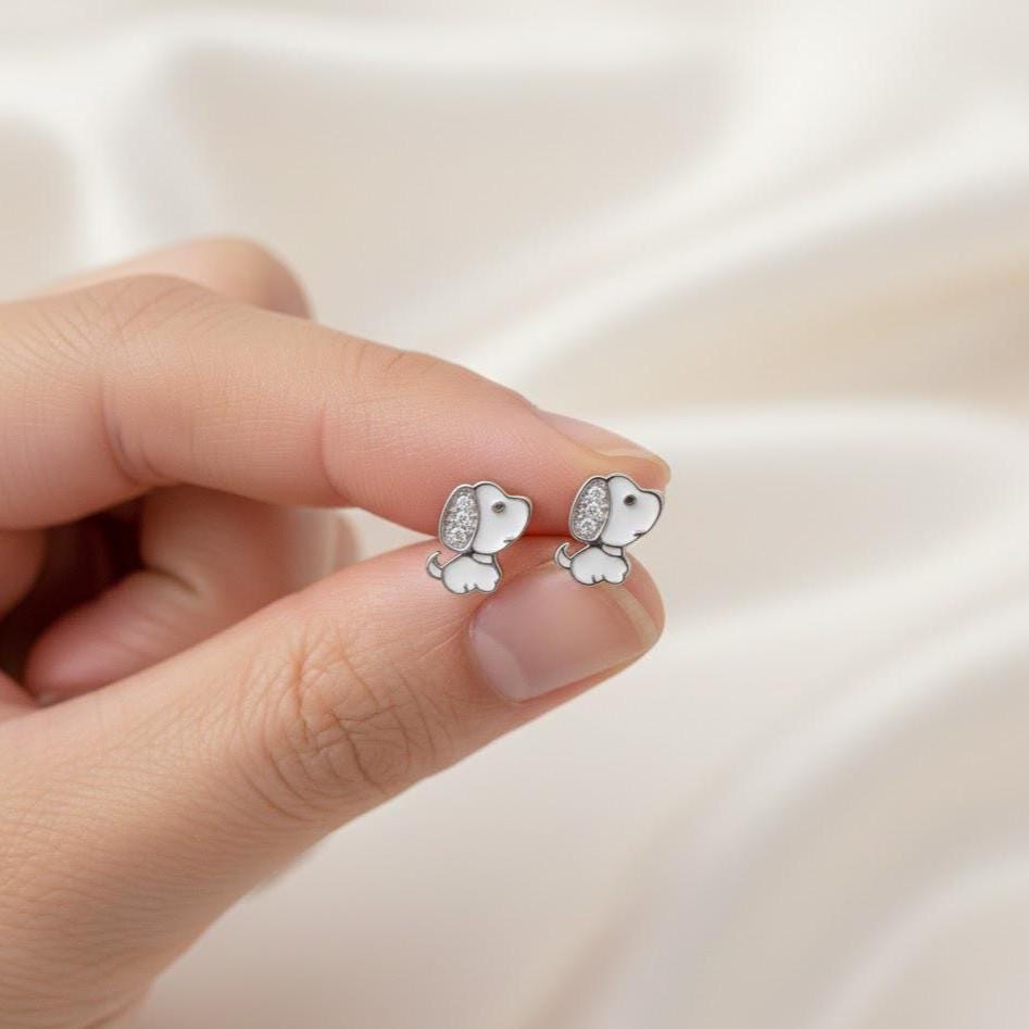 Crystal Doggy Puppy Stud Earrings In Sterling Silver