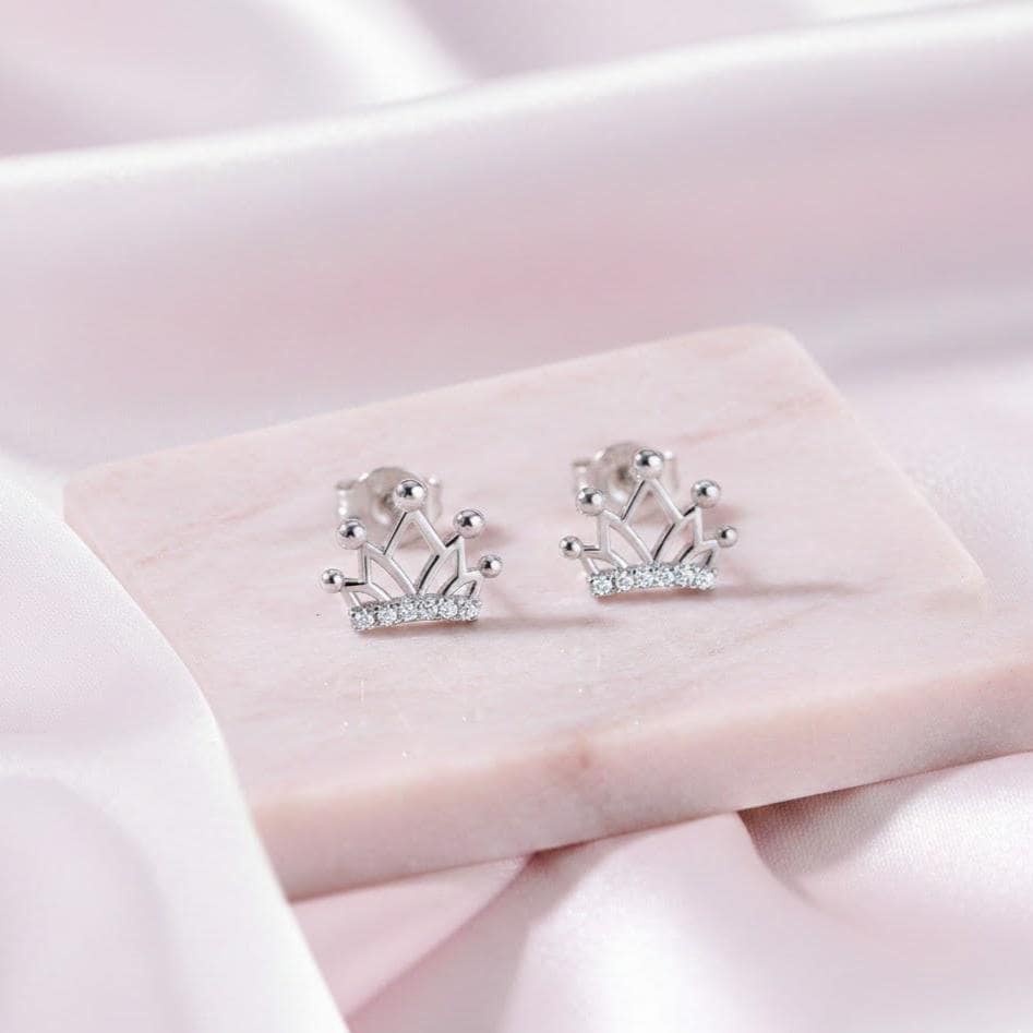 Sterling Silver Crystal Crown Stud Earrings