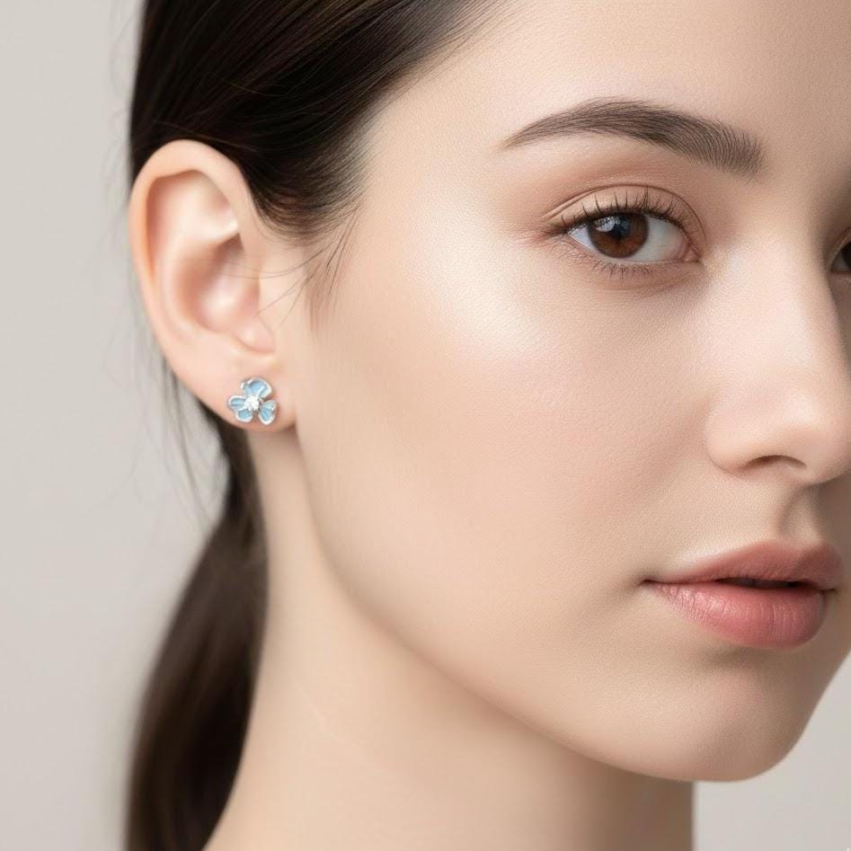 Sterling Silver Blue Iris Flower Stud Earrings