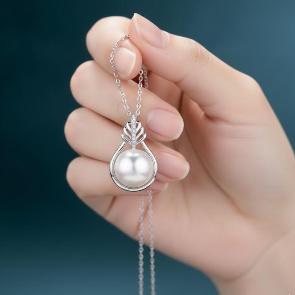 Crystal Flower Pearl Pendant Necklace In Sterling Silver