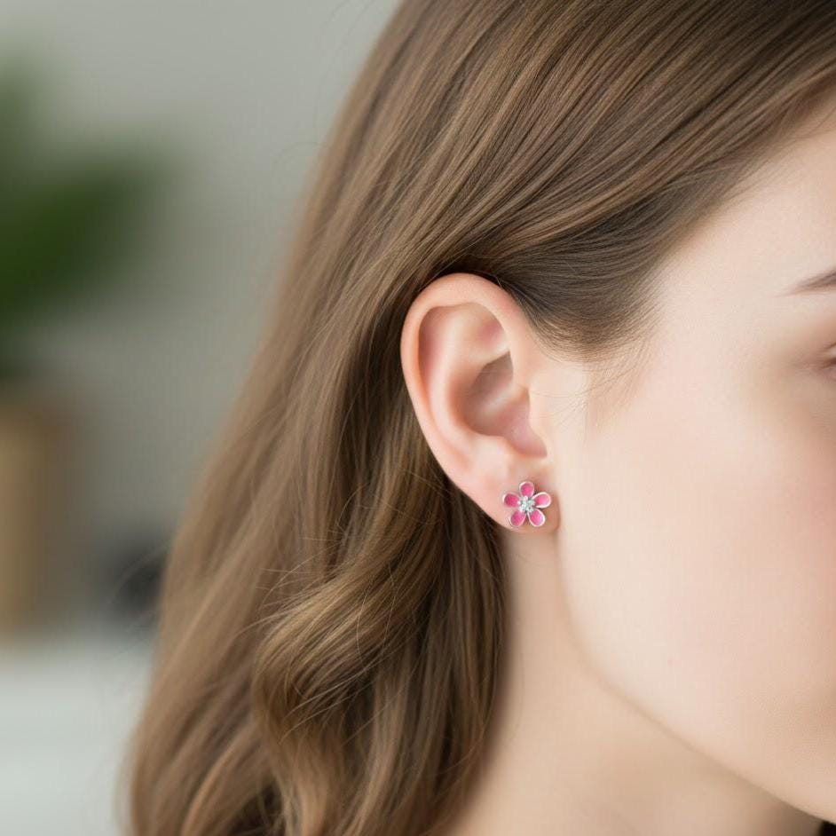 Pink Cherry Blossom Flower Stud Earrings in Sterling Silver