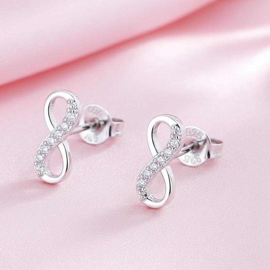 Sterling Silver Small Half CZ Infinity Stud Earrings
