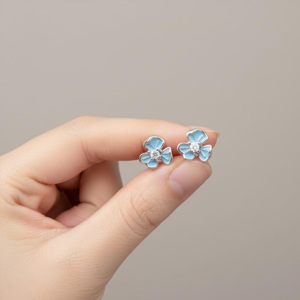 Sterling Silver Blue Iris Flower Stud Earrings