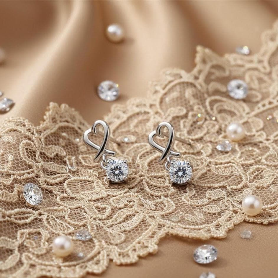 Sterling Silver Open Love Heart Ribbon CZ Drop Dangle Stud Earrings