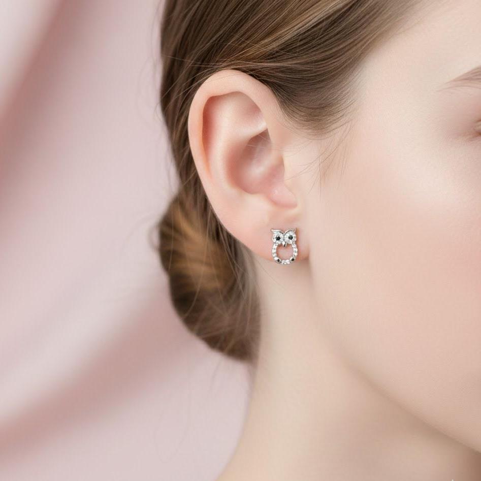 Sterling Silver Owl CZ Gemstone Stud Earrings