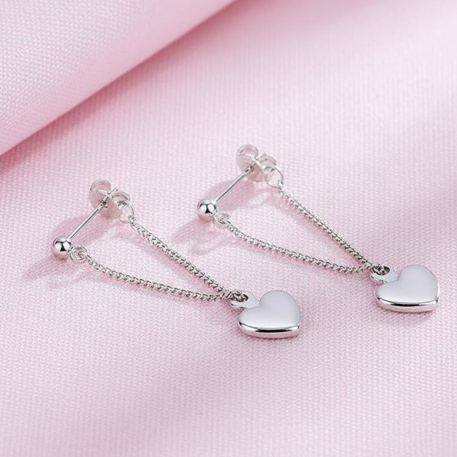 Sterling Silver Heart Drop Dangle Chain Earrings