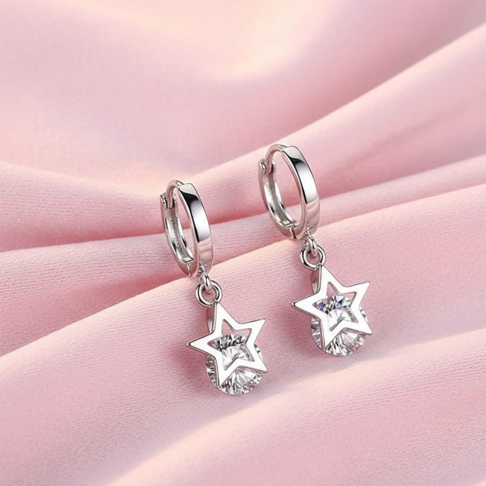 Sterling Silver Star CZ Crystal Drop Hoop Huggie Earrings