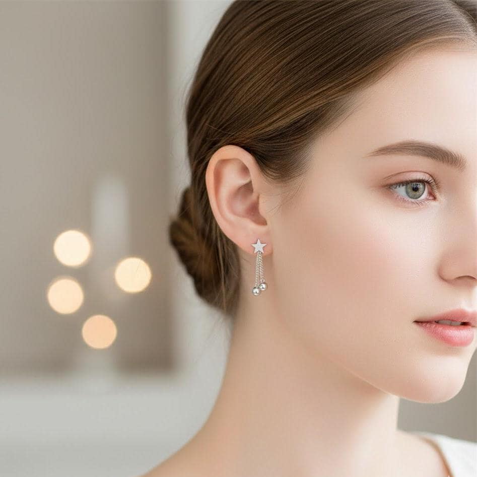 Sterling Silver Star Bead Dangle Drop Stud Earrings