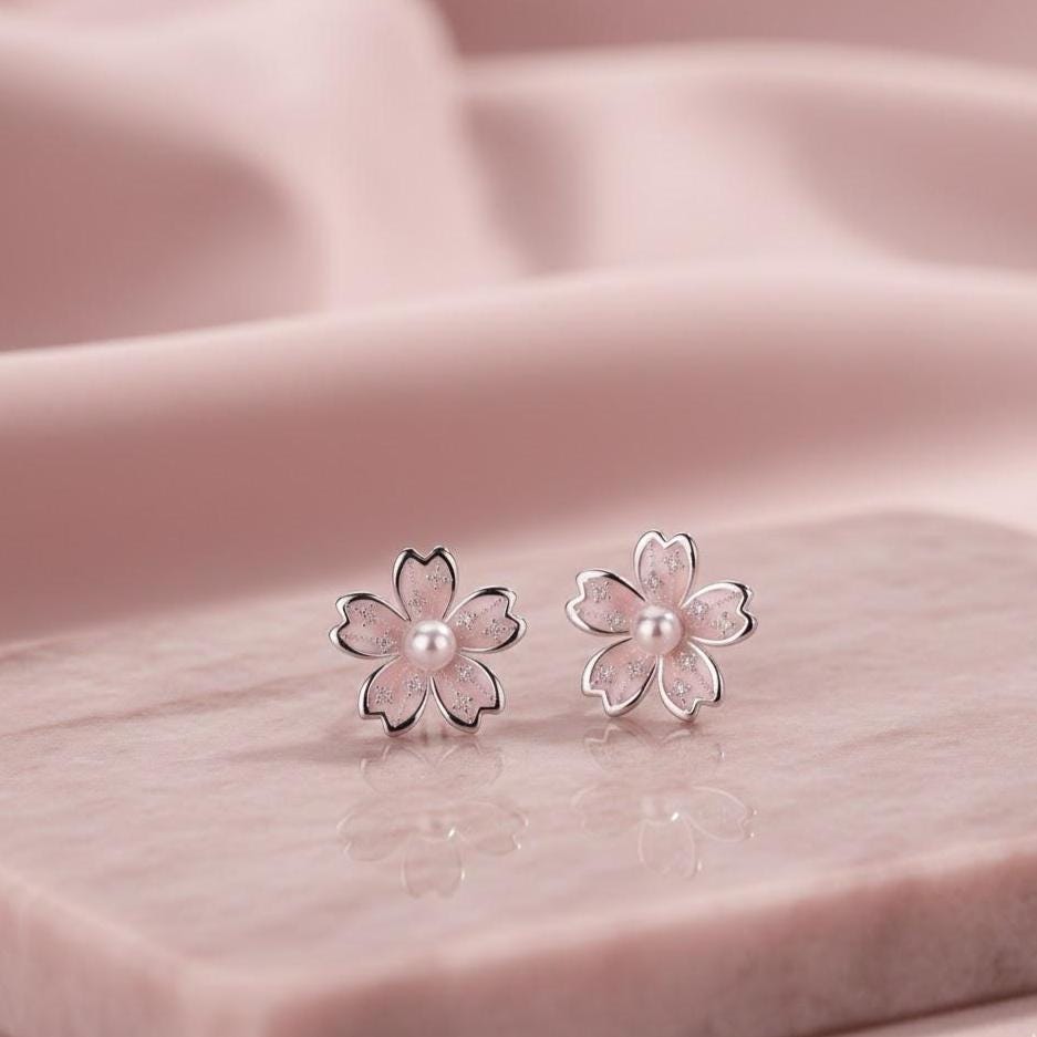 Sterling Silver Pearl Flower Stud Earrings