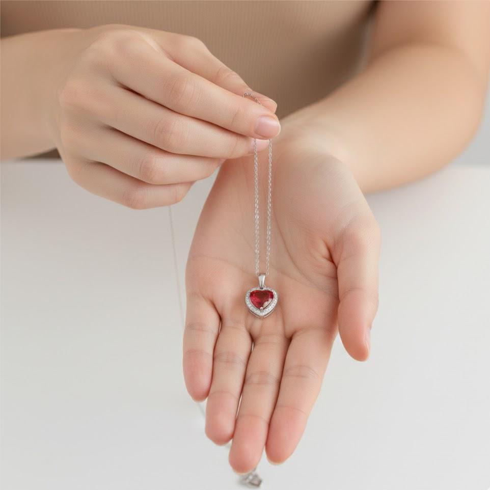 Sterling Silver Red Heart Stone Pendant Necklace