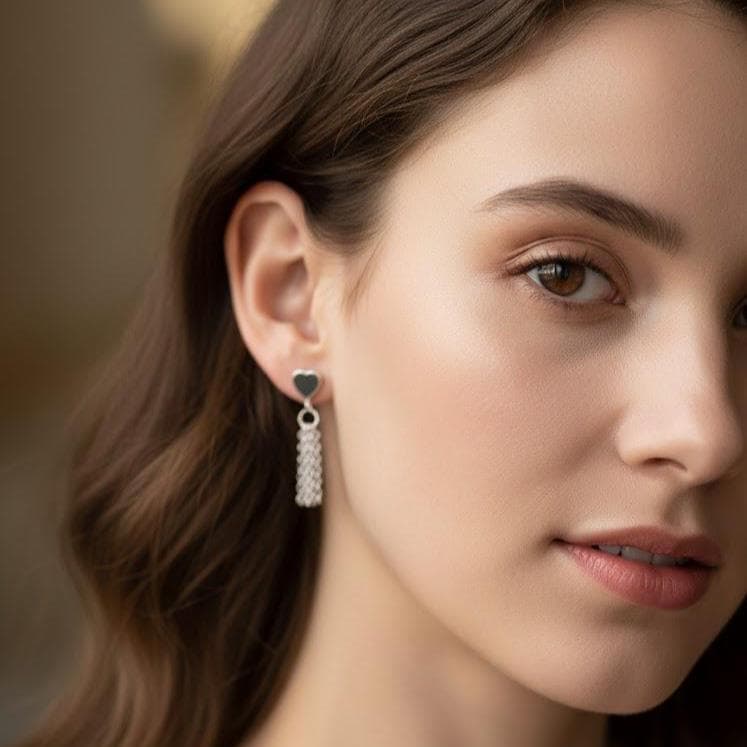 Sterling Silver Heart Tassel Stud Earrings