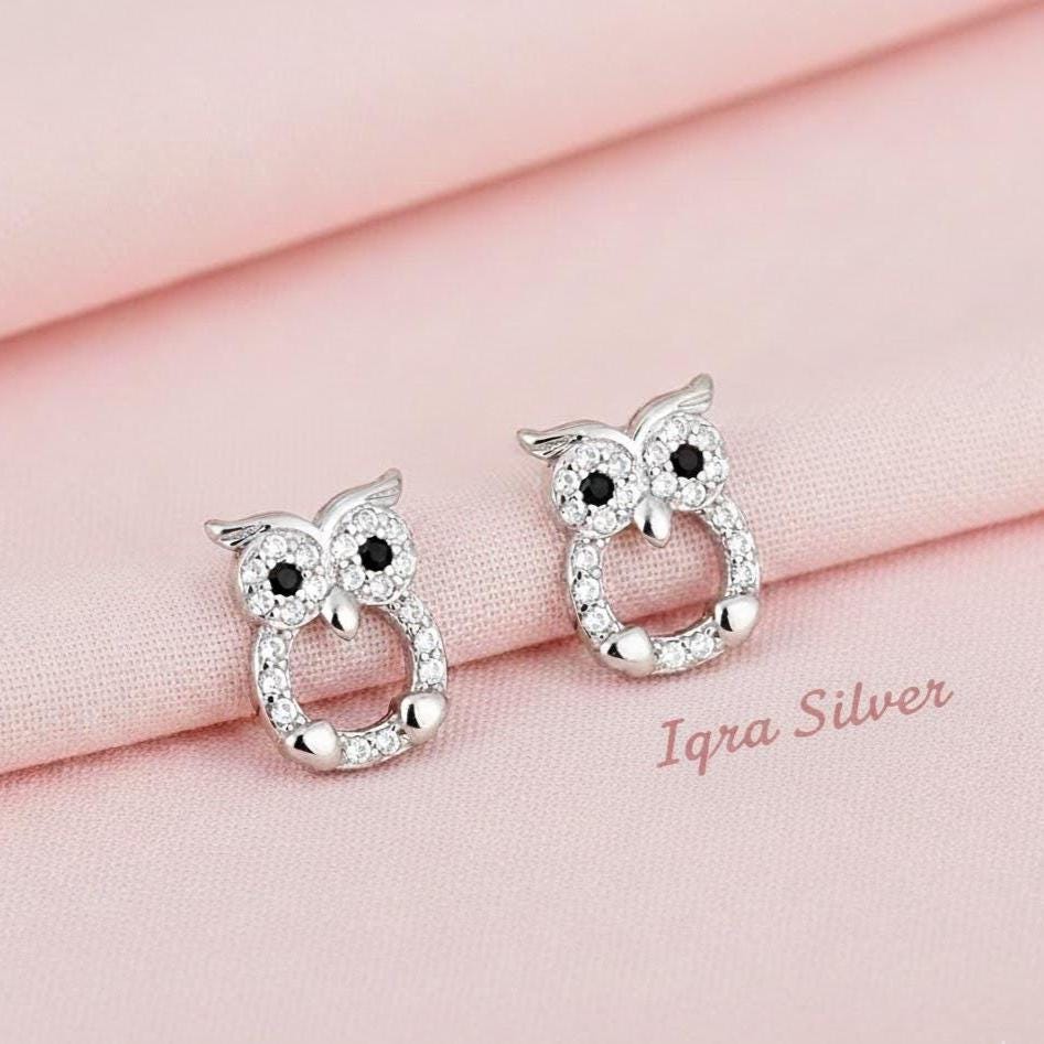 Sterling Silver Owl CZ Gemstone Stud Earrings